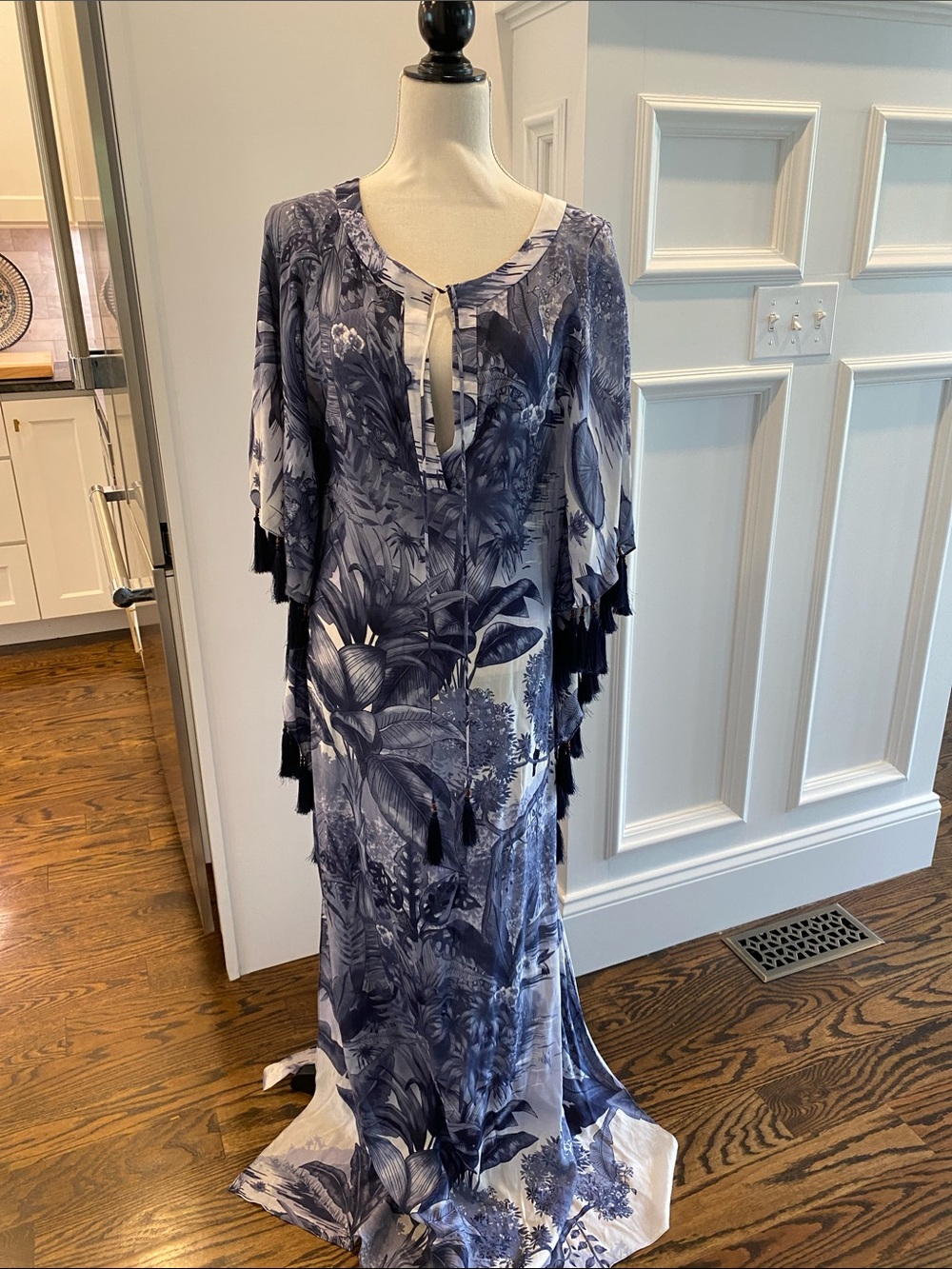 Navy Floral Tassel-Trim Maxi Dress with Tie Neck